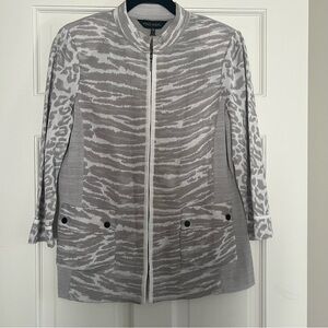 Ming Wang Sweater Jacket Zip Cardigan Grey Animal Print - Petite Medium